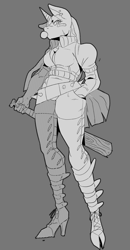 Size: 1878x3599 | Tagged: safe, artist:felinecanis, anthro, unguligrade anthro, bandaid, baseball bat, belt, boots, bubblegum, clothes, ear piercing, earring, female, food, gray background, gum, high heel boots, jacket, jewelry, looking at you, monochrome, piercing, shoes, simple background, solo, spiked belt