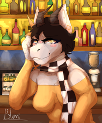 Size: 1000x1200 | Tagged: safe, artist:blumi_098, oc, oc:sound error, earth pony, anthro, alcohol, bar, clothes, earth pony oc