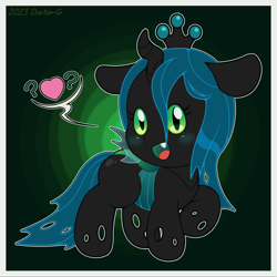 Size: 1500x1500 | Tagged: safe, artist:doctor-g, queen chrysalis, changeling, changeling queen, brony bait, chibi, cute, cute little fangs, cutealis, fangs, female, gradient background, heart, looking at you, open mouth, pictogram, question mark, solo, speech bubble, younger