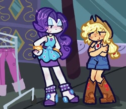 Size: 1256x1096 | Tagged: safe, artist:toaestt, applejack, rarity, equestria girls, equestria girls series, rollercoaster of friendship, blushing, complex background, duo, female, lesbian, rarijack, redraw, screencap reference, shipping, smiling, smug