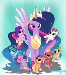 Size: 2705x3065 | Tagged: safe, artist:snowflakefrostyt, hitch trailblazer, izzy moonbow, misty brightdawn, pipp petals, sprout cloverleaf, sunny starscout, twilight sparkle, zipp storm, alicorn, earth pony, pegasus, pony, unicorn, g4, g5, colt, colt hitch trailblazer, colt sprout cloverleaf, crown, female, filly, filly izzy moonbow, filly misty brightdawn, filly pipp petals, filly sunny starscout, filly zipp storm, flying, foal, g5 to g4, generation leap, high res, hoof shoes, jewelry, male, mane five, mane six (g5), mare, older, older twilight, older twilight sparkle (alicorn), peytral, princess twilight 2.0, regalia, royal sisters (g5), scene interpretation, siblings, sisters, smiling, spread wings, sprout joins the mane five, sunny and her heroine, twilight sparkle (alicorn), wings, younger