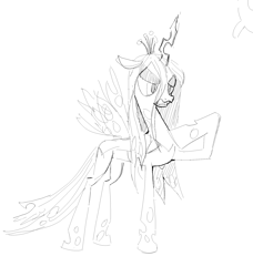 Size: 2100x2300 | Tagged: safe, artist:general proton, queen chrysalis, changeling, changeling queen, g4, angry, black and white, fangs, female, frown, grayscale, high res, monochrome, raised hoof, scowl, simple background, solo, spread wings, tail, white background, wings