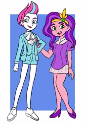 Size: 2162x3070 | Tagged: safe, artist:uotsda, pipp petals, zipp storm, human, equestria girls, g4, g5, crown, duo, duo female, equestria girls-ified, eyebrows, female, g5 to equestria girls, g5 to g4, generation leap, hand on hip, high res, jewelry, looking at you, open mouth, open smile, regalia, skinny pipp, smiling, smiling at you