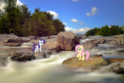 Size: 2048x1366 | Tagged: safe, artist:mlplover94, artist:myardius, artist:xpesifeindx, fluttershy, rarity, pegasus, pony, unicorn, g4, female, irl, mare, new york, photo, ponies in real life, raised hoof, river, rock, water