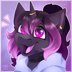 Size: 2000x2000 | Tagged: safe, artist:kwiateko, oc, oc only, pony, unicorn, bust, commission, cute, ear piercing, earring, happy, headshot commission, high res, icon, jewelry, male, piercing, pink eyes, portrait, purple hair, ring, simple background, smiling, solo