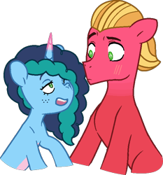 Size: 602x645 | Tagged: safe, artist:princessyanderequinn, misty brightdawn, sprout cloverleaf, earth pony, pony, unicorn, g5, duo, female, male, out of character, ship:mistyclover, shipping, simple background, stallion, straight, trace, transparent background