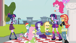 Size: 1920x1080 | Tagged: safe, screencap, applejack, fluttershy, pinkie pie, rainbow dash, rarity, sci-twi, spike, spike the regular dog, sunset shimmer, twilight sparkle, dog, human, equestria girls, g4, my little pony equestria girls: friendship games, 1080p, belt, boots, canterlot high, clothes, cowboy boots, cutie mark on clothes, denim skirt, duality, female, glasses, hairpin, high heel boots, humane five, humane seven, humane six, jacket, leather, leather jacket, male, necktie, open mouth, open smile, paradox, school, school uniform, schoolgirl, self paradox, shoes, skirt, smiling, statue, twolight, uniform