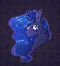 Size: 958x1054 | Tagged: safe, artist:22poisoncookie22, princess luna, alicorn, pony, g4, bags under eyes, bust, curved horn, female, horn