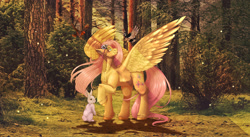 Size: 3020x1652 | Tagged: safe, artist:22poisoncookie22, artist:norica-official, fluttershy, bird, pony, rabbit, g4, animal, cheek fluff, collaboration, female, forest, scenery