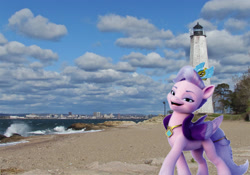 Size: 2048x1430 | Tagged: safe, artist:a-new-generation-in-real-life fan, edit, queen haven, pegasus, pony, g5, my little pony: a new generation, connecticut, female, irl, lighthouse, mare, new haven, photo, ponies in real life, solo, stock render, water