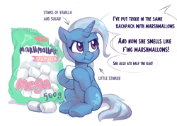 Size: 2815x2000 | Tagged: safe, artist:jewellier, trixie, pony, unicorn, g4, annoyed, arrow, bag, blushing, chewing, cute, dialogue, diatrixes, eating, english, food, high res, hoof hold, implied vulgar, inconvenient trixie, insult, insulted, marshmallow, offscreen character, real life based, simple background, sitting, smelly, solo, speech bubble, text, tiny, tiny ponies, trixie is not amused, unamused, white background