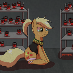 Size: 1000x1000 | Tagged: safe, artist:fruiitypieq, artist:shycookieq, applejack, earth pony, pony, g4, can, female, food, frown, grumpy, shelf, solo, soup, tomato, tomato soup