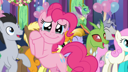 Size: 1920x1080 | Tagged: safe, screencap, amber waves, arista, carrot top, coco crusoe, frenulum (g4), golden harvest, lucky clover, pinkie pie, star bright, twinkleshine, changedling, changeling, crystal pony, earth pony, pony, unicorn, celestial advice, g4, season 7, 1080p, balloon, bipedal, crying, cute, diapinkes, female, flying, happy, insect wings, male, mare, open mouth, open smile, pinkie cry, smiling, stallion, tears of joy, twilight's castle, wings