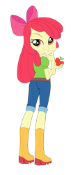 Size: 1900x4542 | Tagged: safe, artist:gmaplay, apple bloom, human, equestria girls, g4, my little pony equestria girls, apple, ass, bedroom eyes, belt, bloom butt, boots, butt, clothes, female, food, looking back, shirt, shoes, shorts, simple background, solo, transparent background