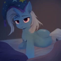 Size: 2048x2048 | Tagged: safe, artist:some_ponu, trixie, pony, unicorn, g4, bed, blanket, cute, diatrixes, female, hat, high res, mare, morning ponies, nightcap, pillow, simple background, solo, trixie's nightcap