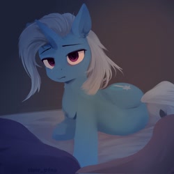Size: 2048x2048 | Tagged: safe, alternate version, artist:some_ponu, trixie, pony, unicorn, g4, bed, blanket, cute, diatrixes, female, high res, mare, morning ponies, pillow, simple background, solo