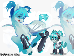 Size: 1600x1200 | Tagged: safe, artist:heartwoozy, bat pony, pony, pony town, bat ponified, fangs, hatsune miku, legwear, open mouth, open smile, ponified, race swap, smiling, vocaloid, wings