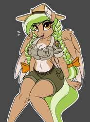 Size: 2000x2702 | Tagged: safe, artist:lightly-san, oc, oc only, oc:sylvia evergreen, pegasus, anthro, belly button, belt, belt buckle, braid, braided pigtails, breasts, cleavage, clothes, ear fluff, eye clipping through hair, female, freckles, hair tie, hat, high res, looking at you, midriff, pegasus oc, pigtails, ranger, short shirt, shorts, sitting, smiling, solo, wings