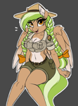 Size: 2000x2702 | Tagged: safe, artist:lightly-san, oc, oc only, oc:sylvia evergreen, pegasus, anthro, belly button, belt, belt buckle, braid, braided pigtails, breasts, cleavage, clothes, ear fluff, eye clipping through hair, female, freckles, hair tie, hat, looking at you, midriff, pegasus oc, pigtails, ranger, short shirt, shorts, sitting, smiling, solo, wings