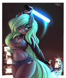 Size: 1700x2021 | Tagged: safe, artist:lightly-san, oc, oc only, oc:luminessence, earth pony, anthro, artfight, belly button, breasts, cleavage, clothes, denim, denim shorts, ear fluff, earth pony oc, eyeshadow, female, freckles, jacket, lightsaber, makeup, midriff, short shirt, shorts, solo, star wars, weapon