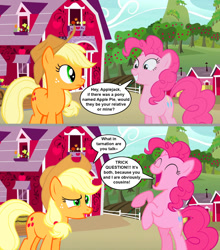 Size: 1280x1455 | Tagged: safe, artist:silverbuller, applejack, pinkie pie, earth pony, pony, g4, applejack's hat, comic, cowboy hat, dialogue, duo, duo female, female, hat, speech bubble, sweet apple acres