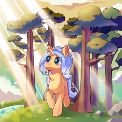 Size: 2000x2000 | Tagged: safe, artist:matcha_nekochan, derpibooru exclusive, oc, oc:aurore soleilevant, pony, unicorn, crepuscular rays, forest, high res, horn, light, smiling, solo, unicorn oc