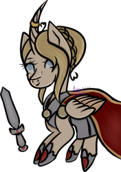 Size: 3149x4468 | Tagged: safe, artist:thecommandermiky, oc, oc only, oc:artura, alicorn, pony, alicorn oc, armor, armored pony, cape, clothes, female, horn, mare, simple background, solo, sword, transparent background, weapon, wings