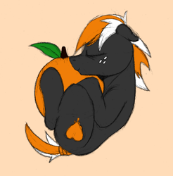 Size: 1082x1101 | Tagged: safe, artist:sefastpone, oc, oc only, oc:se, earth pony, pony, colored sketch, cuddling, ears back, food, freckles, fruit, male, orange, sleeping, stallion, tail, tail wrap