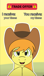 Size: 4850x8334 | Tagged: safe, artist:sefastpone, braeburn, earth pony, pony, bust, cowboy hat, hat, looking at you, male, meme, stallion, text, trade offer