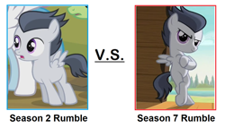 Size: 1152x660 | Tagged: safe, edit, edited screencap, screencap, rumble, pegasus, pony, g4, hurricane fluttershy, marks and recreation, season 2, season 7, bipedal, bipedal leaning, colt, cropped, foal, leaning, male, solo focus, vs