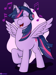 Size: 1500x1995 | Tagged: safe, artist:passionpanther, twilight sparkle, alicorn, pony, series:ponies with headphones, g4, cute, dancing, eyes closed, happy, headphones, music, music notes, open mouth, open smile, singing, smiling, solo, spread wings, twiabetes, twilight sparkle (alicorn), wings