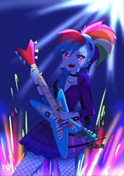 Size: 874x1236 | Tagged: safe, artist:rainbom__1122, rainbow dash, equestria girls, alternate hairstyle, choker, clothes, electric guitar, fireworks, fishnets, guitar, jacket, looking at you, musical instrument, open mouth, skirt, solo