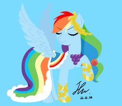 Size: 953x823 | Tagged: safe, artist:rainn__1026, rainbow dash, pegasus, pony, g4, blue background, clothes, cyan background, dress, eyebrows, eyebrows visible through hair, eyes closed, gala dress, simple background, smiling, solo, spread wings, wings