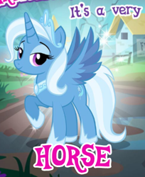 Size: 336x412 | Tagged: safe, edit, gameloft, idw, trixie, alicorn, pony, g4, my little pony: magic princess, reflections, spoiler:comic, alicornified, artistic, captain obvious, doge, eyeshadow, female, hoof shoes, house, idw showified, jewelry, lidded eyes, looking at you, makeup, meme, peytral, princess of humility, race swap, raised hoof, regalia, smiling, solo, sparkles, spread wings, tiara, trixiecorn, wings, wow! glimmer