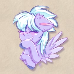 Size: 1280x1280 | Tagged: safe, artist:galaxy swirl, cloudchaser, pegasus, pony, g4, blushing, bust, covering mouth, cute, cutechaser, ear fluff, eyes closed, female, floppy ears, grin, mare, raised hoof, smiling, solo, spread wings, textured background, three quarter view, unshorn fetlocks, wings