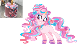 Size: 1024x587 | Tagged: safe, artist:kingphantasya, oc, pony, unicorn, cake, eyelashes, female, food, grin, hoof shoes, horn, mare, simple background, smiling, solo, transparent background, unicorn oc