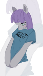 Size: 570x1000 | Tagged: safe, artist:heartwoozy, maud pie, earth pony, anthro, g4, autism, autistic maud, blushing, clothes, male, pun, shirt, simple background, smiling, solo, stallion, white background