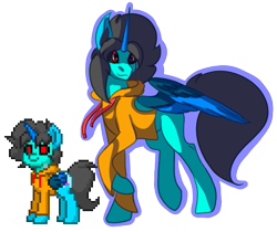 Size: 511x429 | Tagged: safe, artist:brybrychan, oc, alicorn, pony, pony town, alicorn oc, clothes, duo, hoodie, horn, male, red eyes, simple background, smiling, stallion, transparent background, wings