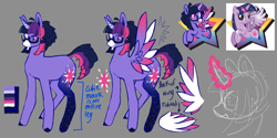 Size: 2000x1000 | Tagged: safe, artist:heartwoozy, twilight sparkle, alicorn, pony, g4, alternate cutie mark, alternate design, alternate universe, facial hair, female, glasses, glowing, glowing horn, goatee, horn, magic, mare, open mouth, open smile, redesign, reference sheet, screencap reference, smiling, solo, spread wings, twilight sparkle (alicorn), wings