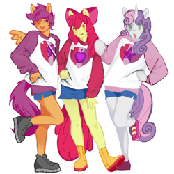 Size: 1000x1000 | Tagged: safe, artist:heartwoozy, apple bloom, scootaloo, sweetie belle, earth pony, pegasus, unicorn, anthro, g4, apple bloom's bow, bow, clothes, cutie mark crusaders, cutie mark on clothes, hair bow, hand on waist, lifted leg, looking at you, open mouth, open smile, shoes, shorts, simple background, smiling, spread wings, the cmc's cutie marks, white background, wings