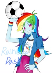 Size: 601x827 | Tagged: safe, artist:rainn__1026, rainbow dash, human, equestria girls, g4, ball, eyebrows, eyebrows visible through hair, football, grin, hand on hip, looking at you, simple background, smiling, smiling at you, solo, sports, white background