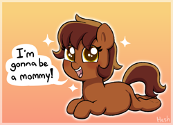 Size: 2001x1440 | Tagged: safe, artist:heretichesh, oc, oc only, oc:garnet gold, earth pony, pony, blushing, colored, female, filly, foal, gradient background, implied foalcon, looking at you, lying down, pregnant, pregnant foal, prone, smiling, speech bubble, underaged pregnancy