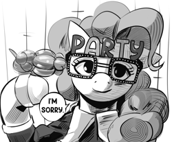 Size: 1927x1596 | Tagged: safe, artist:applephil, pinkie pie, earth pony, pony, g4, balloon, balloon animal, black and white, dialogue, female, glasses, grayscale, gun, hoof hold, imminent death, implied death, mare, monochrome, novelty glasses, ponified, solo, speech bubble, suicide, talking to viewer, weapon
