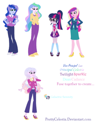 Size: 1166x1514 | Tagged: safe, artist:prettycelestia, dean cadance, princess cadance, princess celestia, princess luna, principal celestia, sci-twi, twilight sparkle, vice principal luna, oc, oc:galactric serenity, human, equestria girls, g4, adult, alicorn tetrarchy, belt buckle, clothes, eyeshadow, fusion, fusion:dean cadance, fusion:princess cadance, fusion:princess celestia, fusion:princess luna, fusion:principal celestia, fusion:sci-twi, fusion:scitwilunestiance, fusion:twilight sparkle, fusion:twilunestiance, fusion:vice principal luna, high heels, jacket, long pants, makeup, multiple arms, shoes, simple background, starry hair, white background