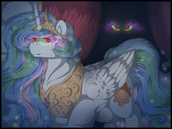 Size: 1280x960 | Tagged: safe, artist:binibean, king sombra, princess celestia, alicorn, pony, umbrum, unicorn, g4, castle, corrupted, curtains, dark magic, duo, duo male and female, female, jewelry, magic, male, male and female, peytral, shipping fuel, sombra eyes, tiara
