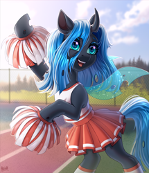 Size: 2600x3022 | Tagged: safe, artist:hakaina, oc, oc only, oc:nymph, changeling, pony, bipedal, blue changeling, blurry background, changeling oc, cheerleader, cheerleader outfit, clothes, cloud, colored, commission, cute, eyebrows, eyelashes, eyeshadow, fangs, female, fence, forest background, high res, makeup, mare, ocbetes, open mouth, open smile, pom pom, rearing, running track, shading, shiny eyes, signature, skirt, sky, slender, smiling, socks, solo, spread wings, tank top, teeth, thin, turned head, wings, ych result