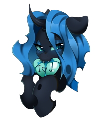 Size: 4000x5000 | Tagged: safe, artist:haruk, oc, oc only, oc:nymph, changeling, blue changeling, bust, changeling oc, commission, heart, holiday, simple background, transparent background, valentine's day, ych result