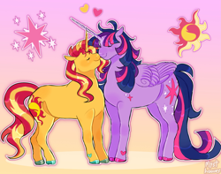 Size: 3841x3024 | Tagged: safe, artist:mysthooves, sunset shimmer, twilight sparkle, alicorn, pony, unicorn, g4, colored hooves, duo, eyes closed, female, floating heart, folded wings, gradient background, heart, heart mark, height difference, high res, lesbian, mare, ship:sunsetsparkle, shipping, signature, smiling, twilight sparkle (alicorn), wings