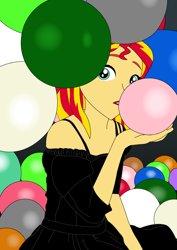 Size: 596x842 | Tagged: safe, artist:hakdurbin, sunset shimmer, human, equestria girls, g4, balloon, blowing up balloons, clothes, dress, female, inflating, lipstick, looking at you, shoulderless, that human sure does love balloons