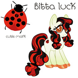 Size: 2048x2048 | Tagged: artist needed, safe, oc, oc only, oc:bitta luck, earth pony, insect, ladybug, pony, colored hooves, cutie mark, earth pony oc, female, high res, hoof polish, mare, orange eyes, reference sheet, simple background, solo, standing, white background